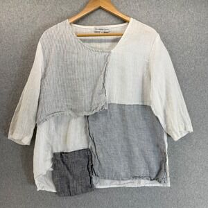 Christopher Calvin Linen Patchwork Top‎ Asymmetric Pocket White Gray Medium FLAW